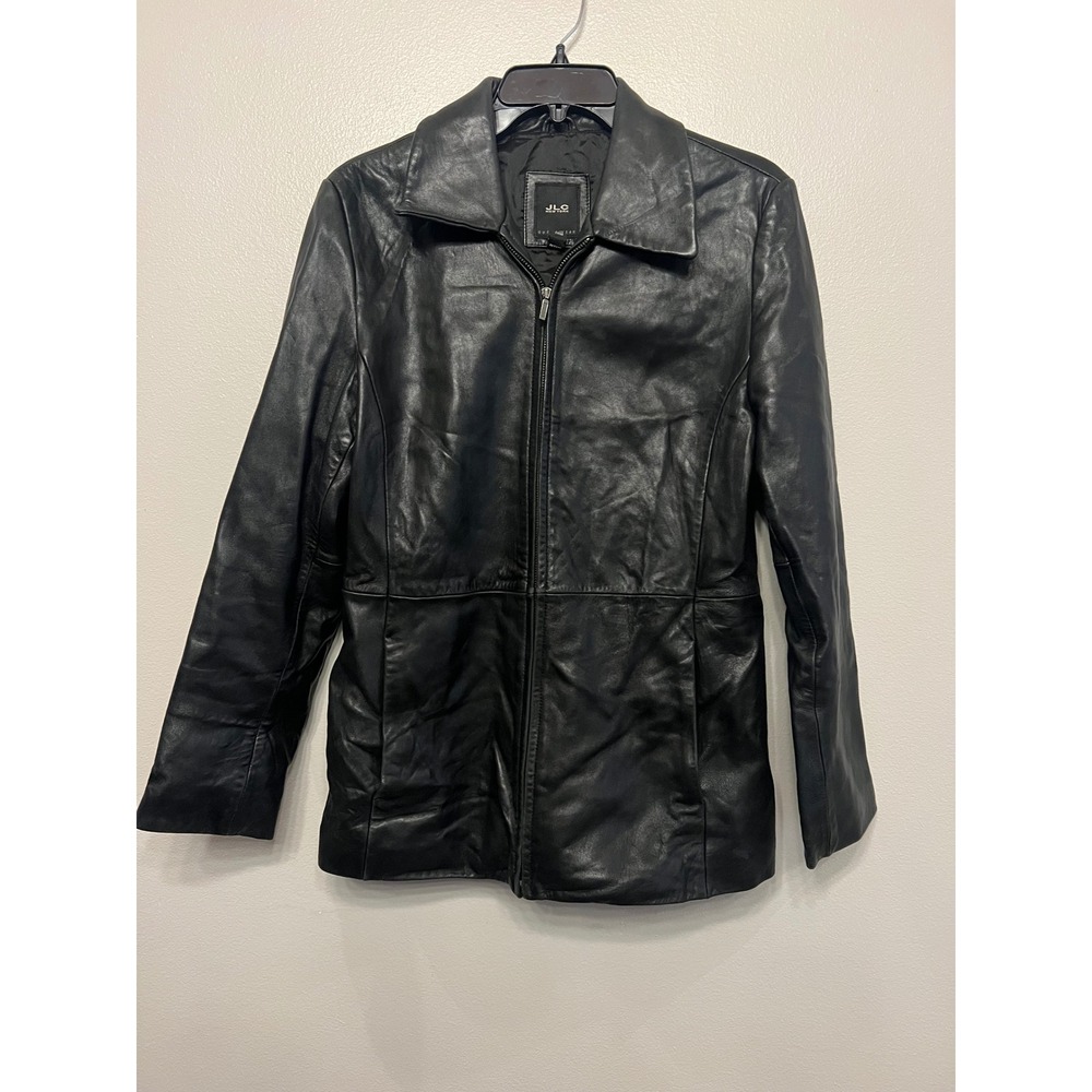 JLC New York Women Black 100% Leather Full Zip Collared Jacket Medium
